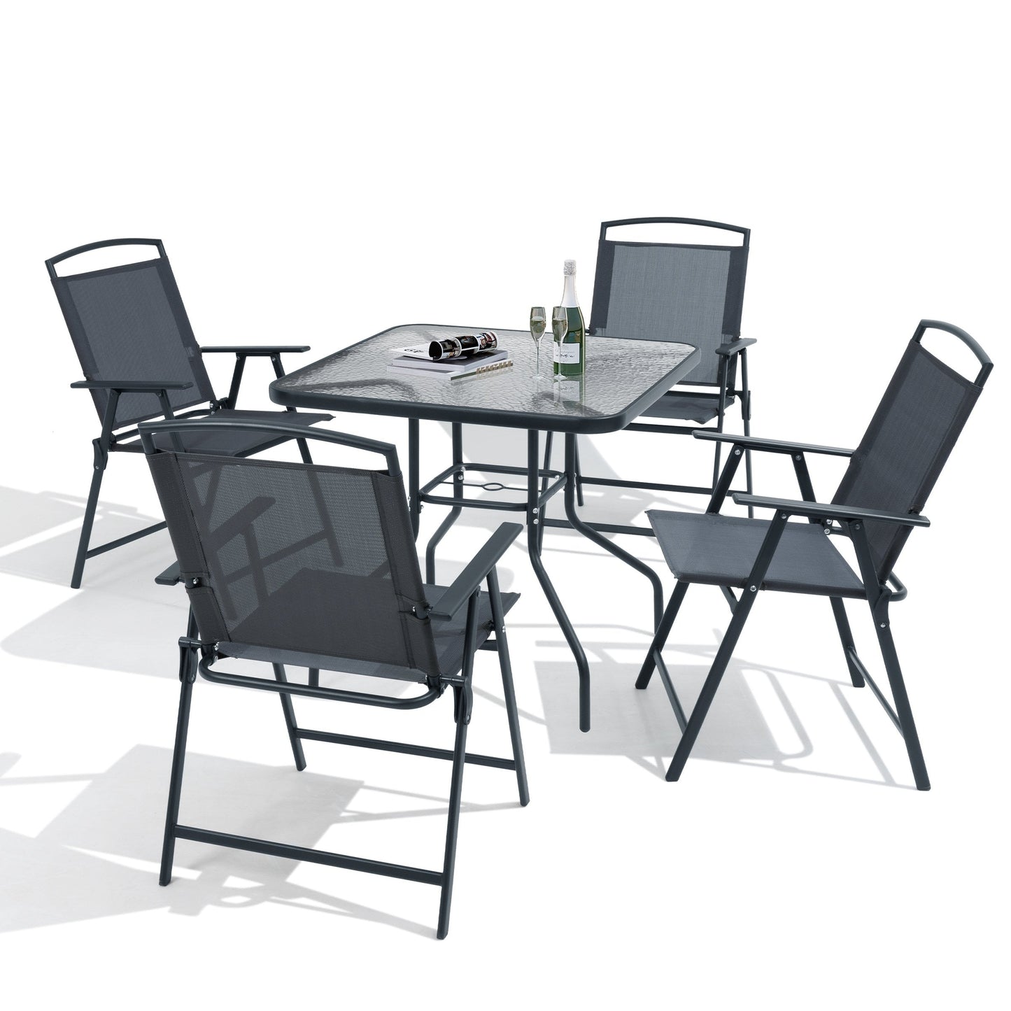 Set da pranzo per esterni da 5 pezzi con sedie pieghevoli e tavolo in vetro con foro per ombrellone - Vedi le specifiche