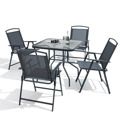 Set da pranzo per esterni da 5 pezzi con sedie pieghevoli e tavolo in vetro con foro per ombrellone - Vedi le specifiche
