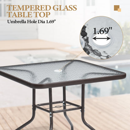 Set da pranzo per esterni da 5 pezzi con sedie pieghevoli e tavolo in vetro con foro per ombrellone - Vedi le specifiche