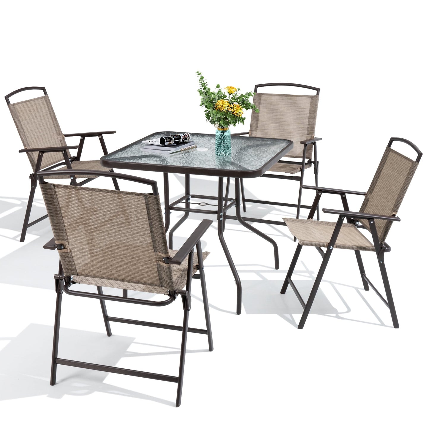 Set da pranzo per esterni da 5 pezzi con sedie pieghevoli e tavolo in vetro con foro per ombrellone - Vedi le specifiche