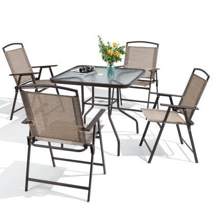 Set da pranzo per esterni da 5 pezzi con sedie pieghevoli e tavolo in vetro con foro per ombrellone - Vedi le specifiche