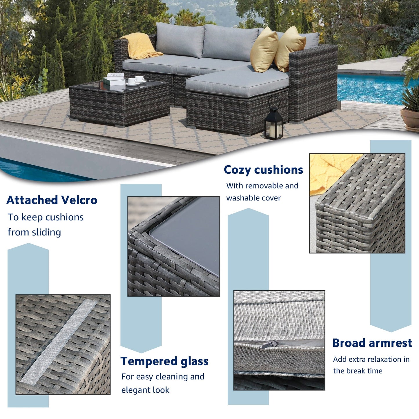 Set di divani componibili in vimini da esterno da 5 pezzi con cuscini