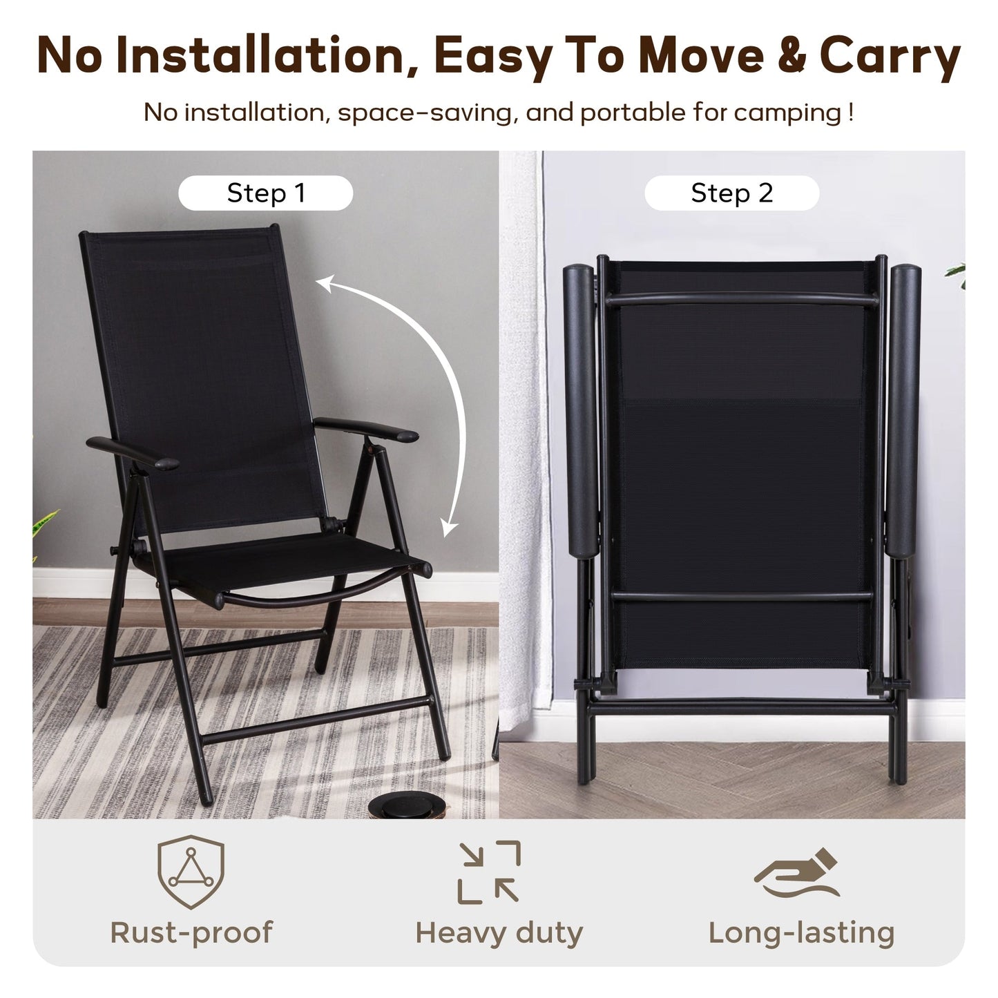 MAISON ARTS Set da pranzo per esterni da 6 pezzi, 1 tavolo quadrato in metallo, 4 sedie pieghevoli regolabili e ombrellone da 9 piedi