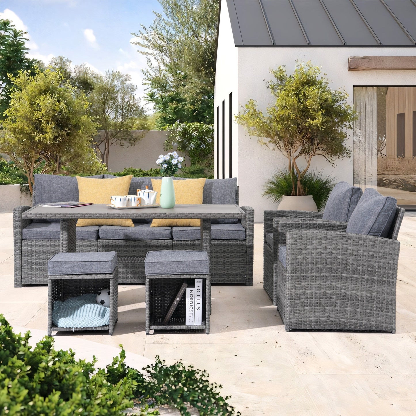 Set da conversazione in vimini da 6 pezzi per esterni, divano da giardino