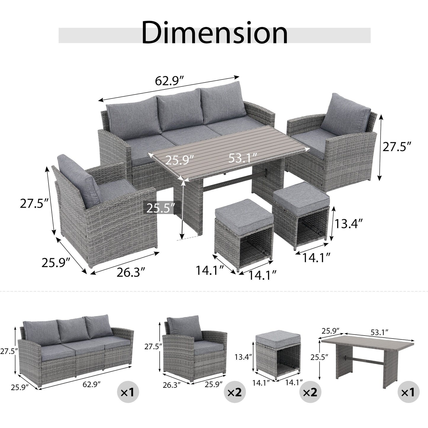 Set da conversazione in vimini da 6 pezzi per esterni, divano da giardino