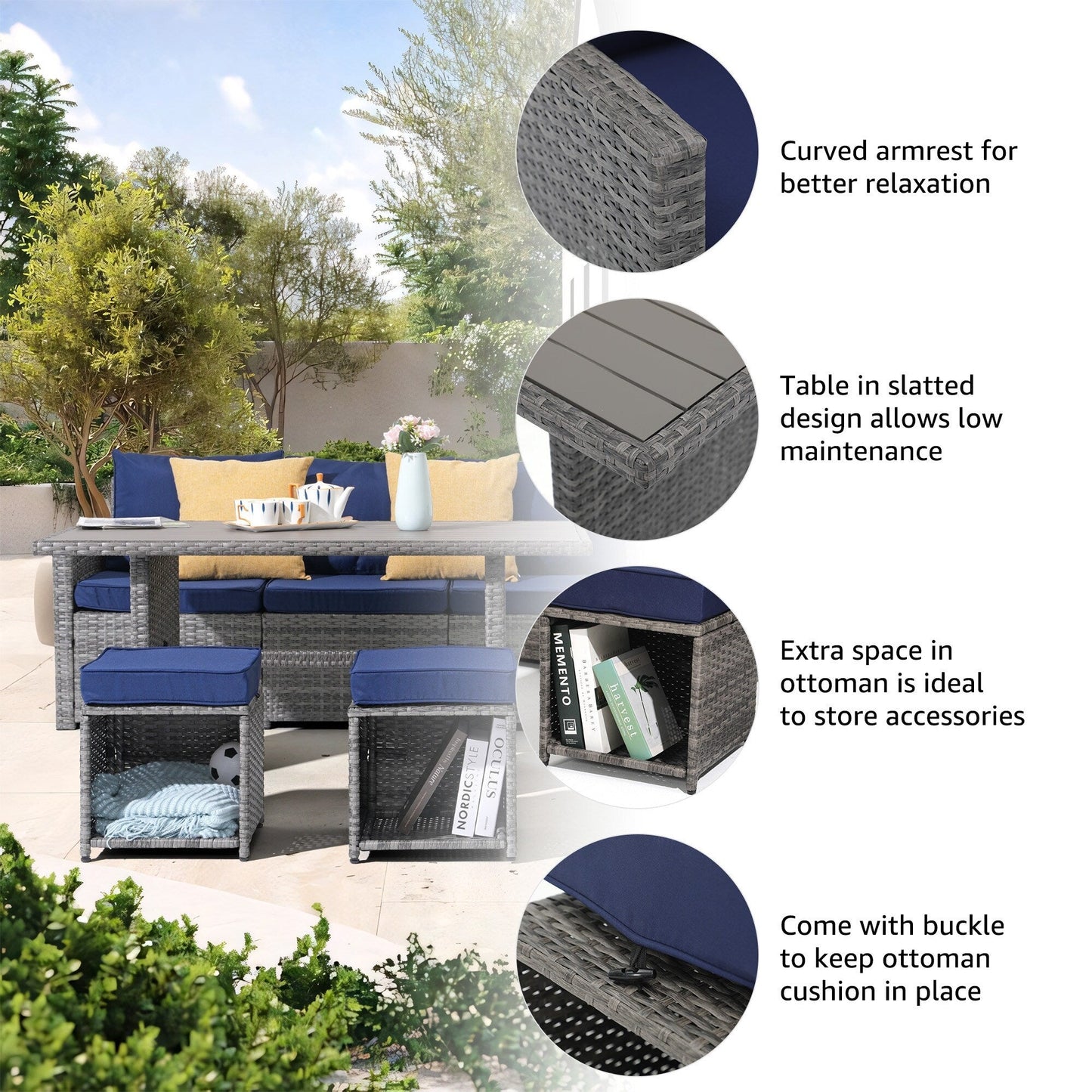 Set da conversazione in vimini da 6 pezzi per esterni, divano da giardino