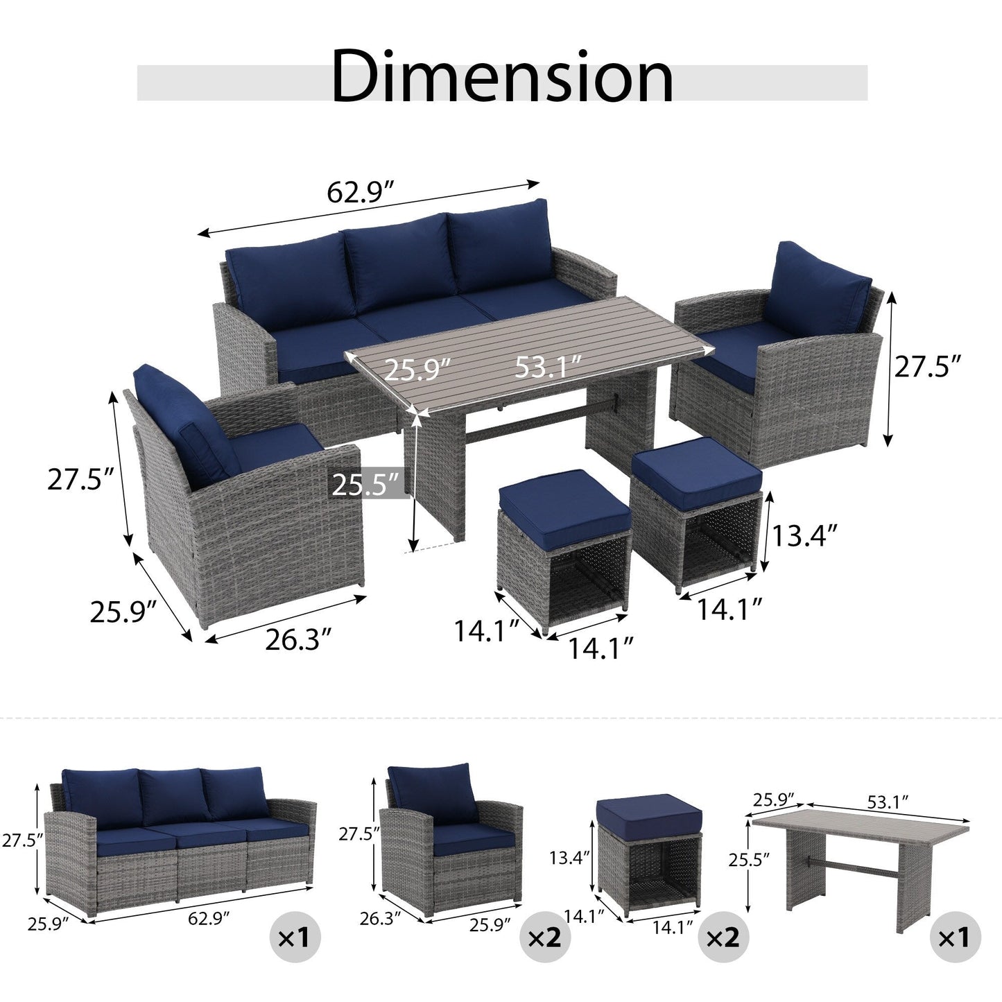 Set da conversazione in vimini da 6 pezzi per esterni, divano da giardino