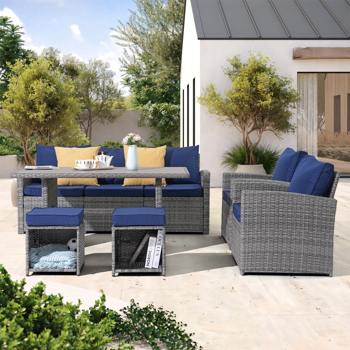 Set da conversazione in vimini da 6 pezzi per esterni, divano da giardino