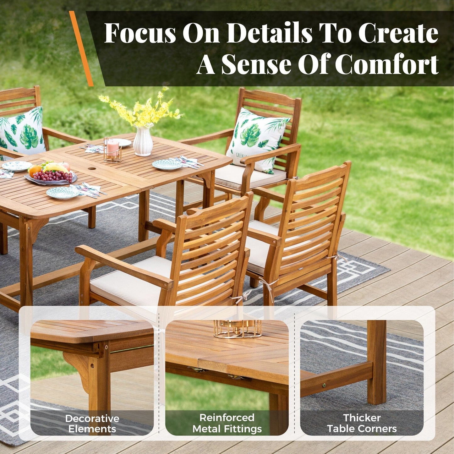 MAISON ARTS Set da pranzo per esterni in legno massello di acacia da 7/9 pezzi, tavolo da pranzo espandibile e sedie da pranzo in legno da 6/8