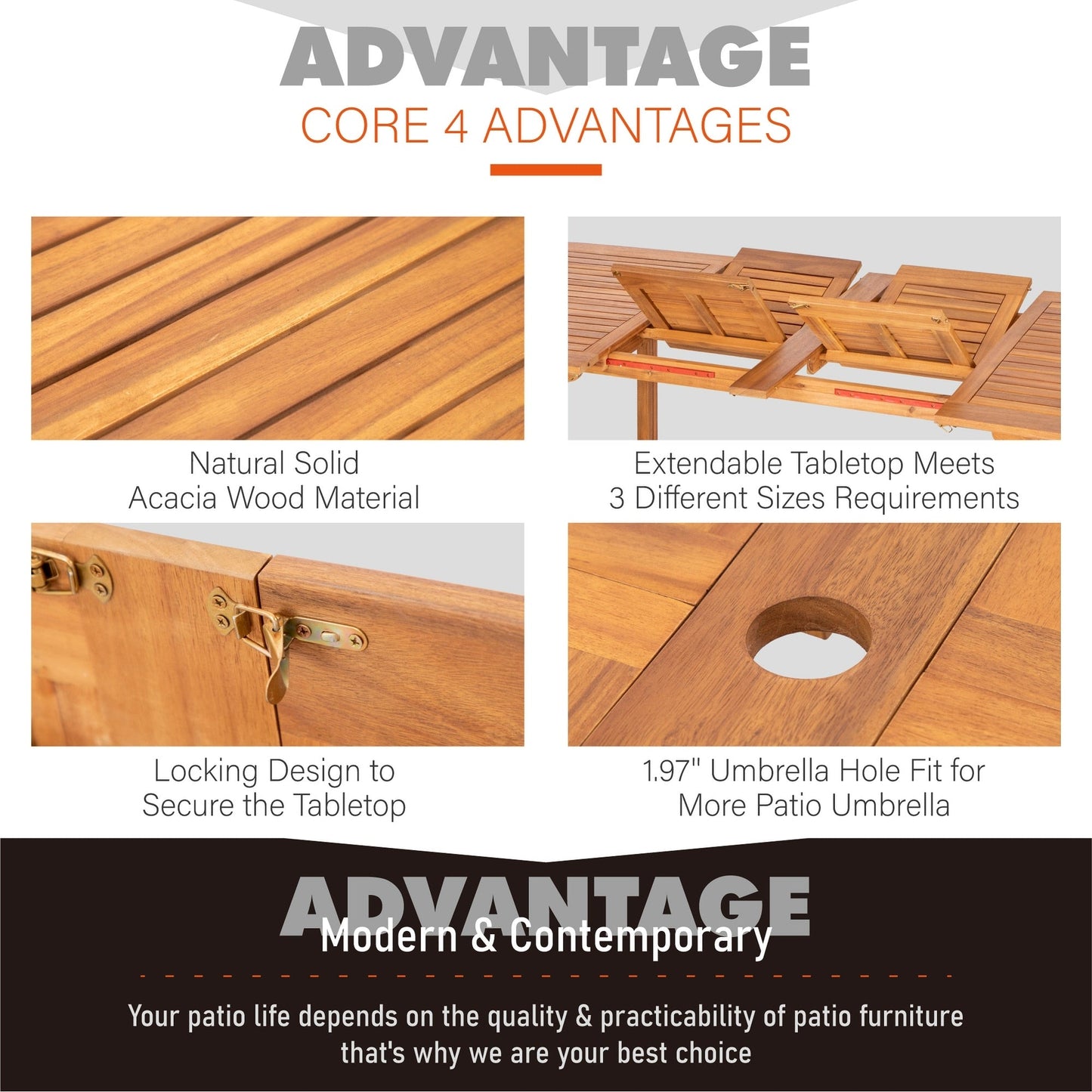 MAISON ARTS Set da pranzo per esterni in legno massello di acacia da 7/9 pezzi, tavolo da pranzo espandibile e sedie da pranzo in legno da 6/8