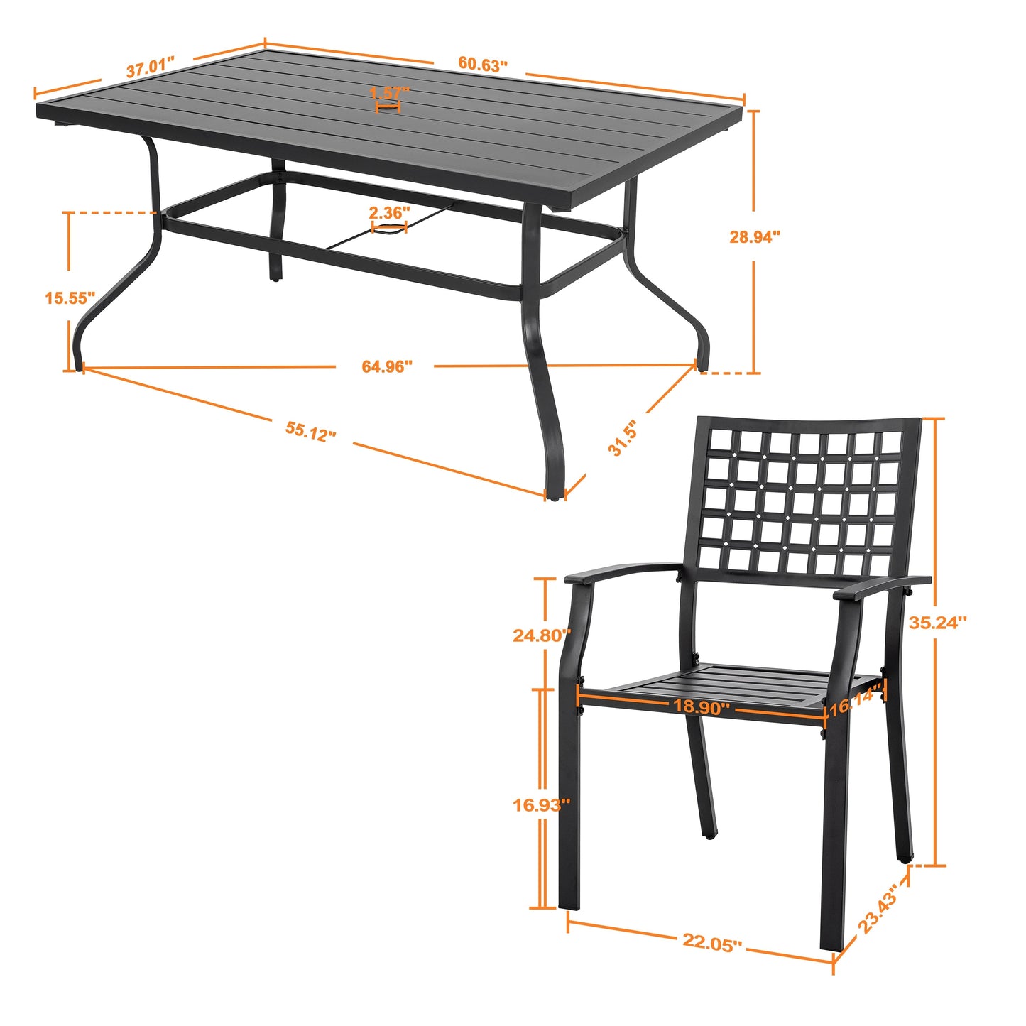 Set da pranzo da esterno da 7 pezzi con foro per ombrellone da 1,57 pollici, struttura in ferro, nero