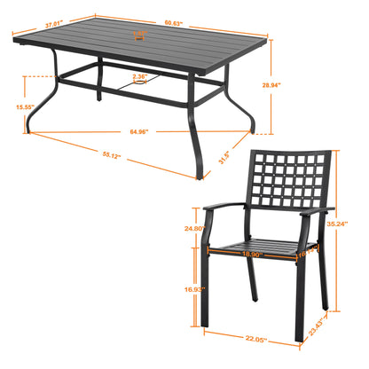 Set da pranzo da esterno da 7 pezzi con foro per ombrellone da 1,57 pollici, struttura in ferro, nero