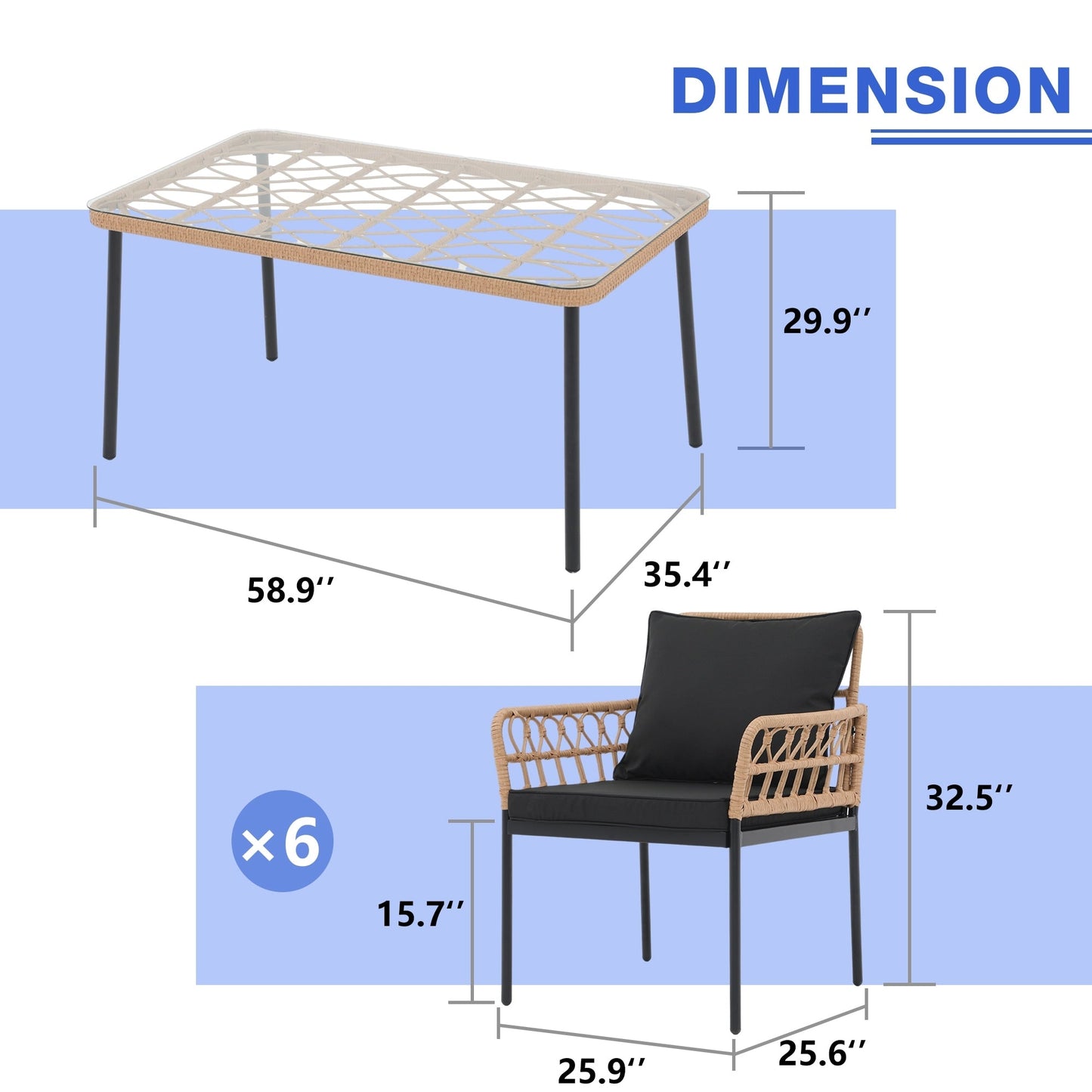 Set da pranzo in vimini da esterno da 7 pezzi con cuscino