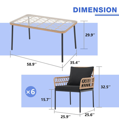 Set da pranzo in vimini da esterno da 7 pezzi con cuscino