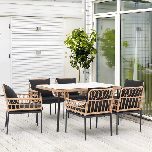 Set da pranzo in vimini da esterno da 7 pezzi con cuscino