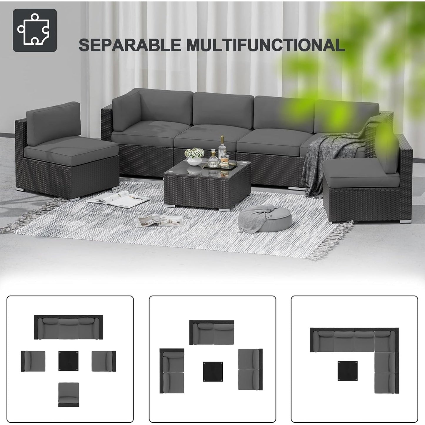 Set da conversazione con divano componibile imbottito in vimini e rattan nero da 7 pezzi per esterni di Havenside Home