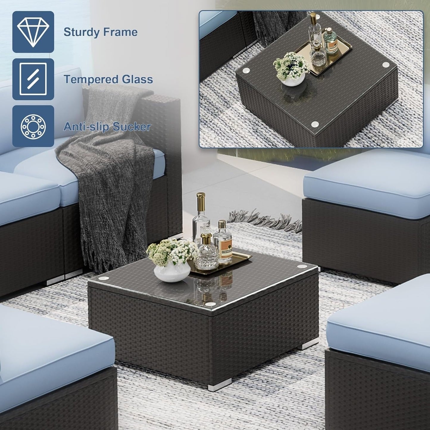 Set da conversazione con divano componibile imbottito in vimini e rattan nero da 7 pezzi per esterni di Havenside Home