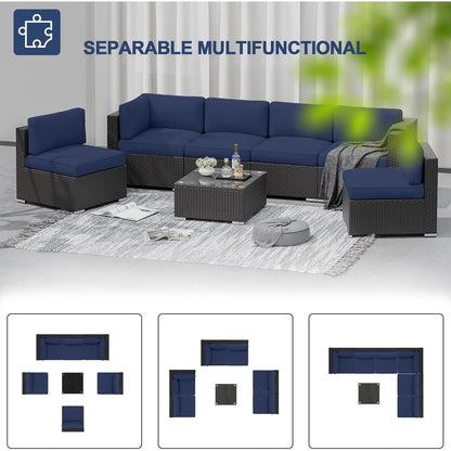 Set da conversazione con divano componibile imbottito in vimini e rattan nero da 7 pezzi per esterni di Havenside Home