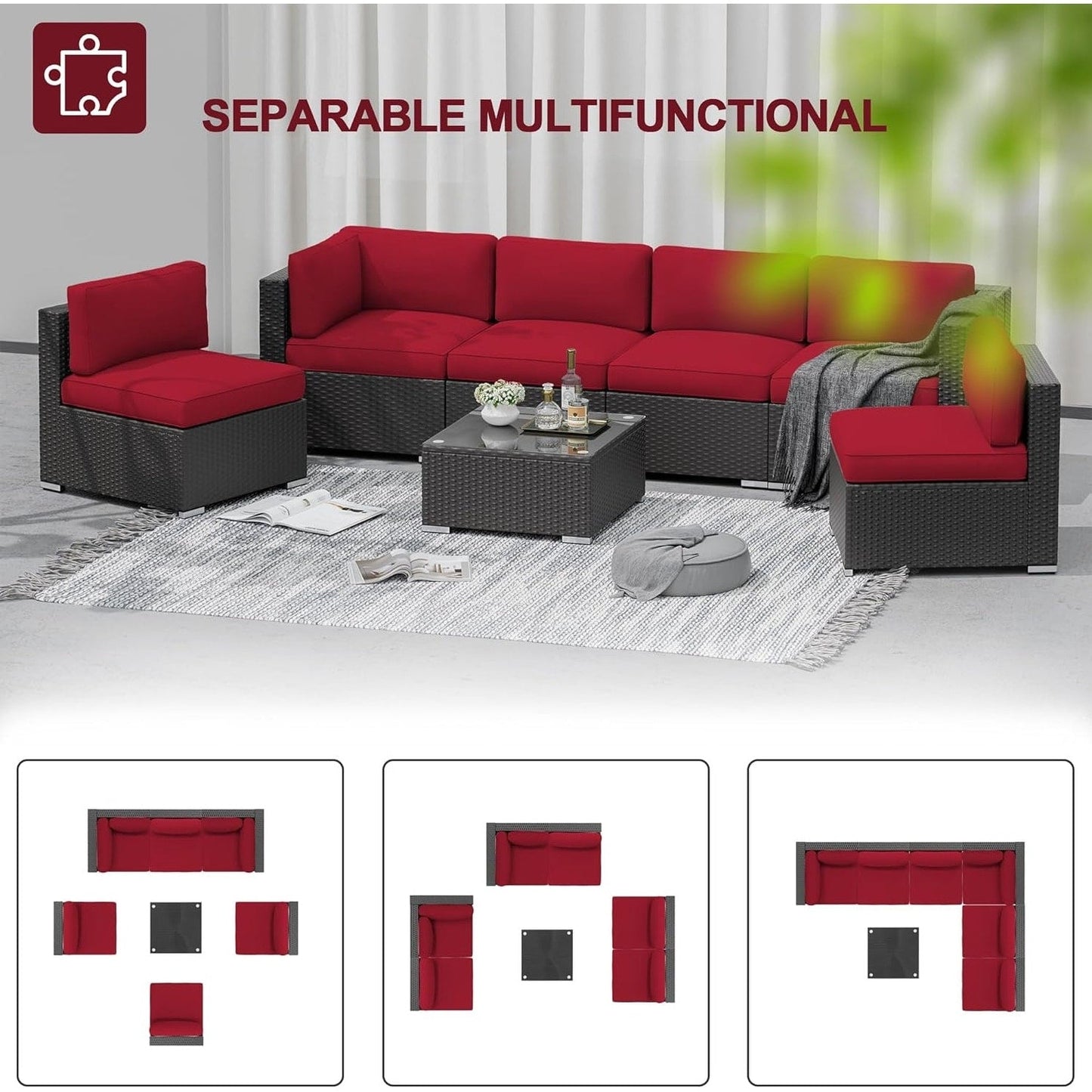 Set da conversazione con divano componibile imbottito in vimini e rattan nero da 7 pezzi per esterni di Havenside Home