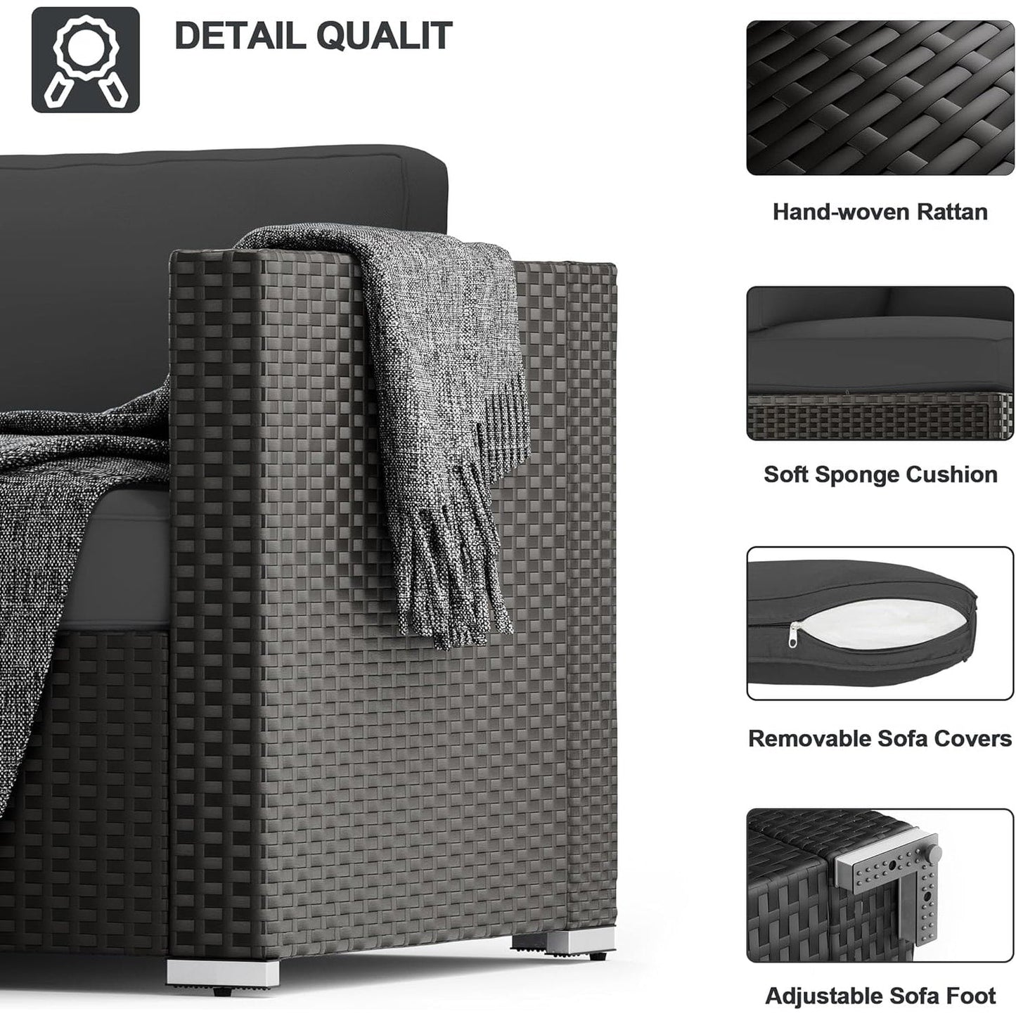 Set da conversazione con divano componibile imbottito in vimini e rattan nero da 7 pezzi per esterni di Havenside Home