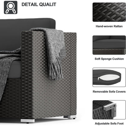 Set da conversazione con divano componibile imbottito in vimini e rattan nero da 7 pezzi per esterni di Havenside Home