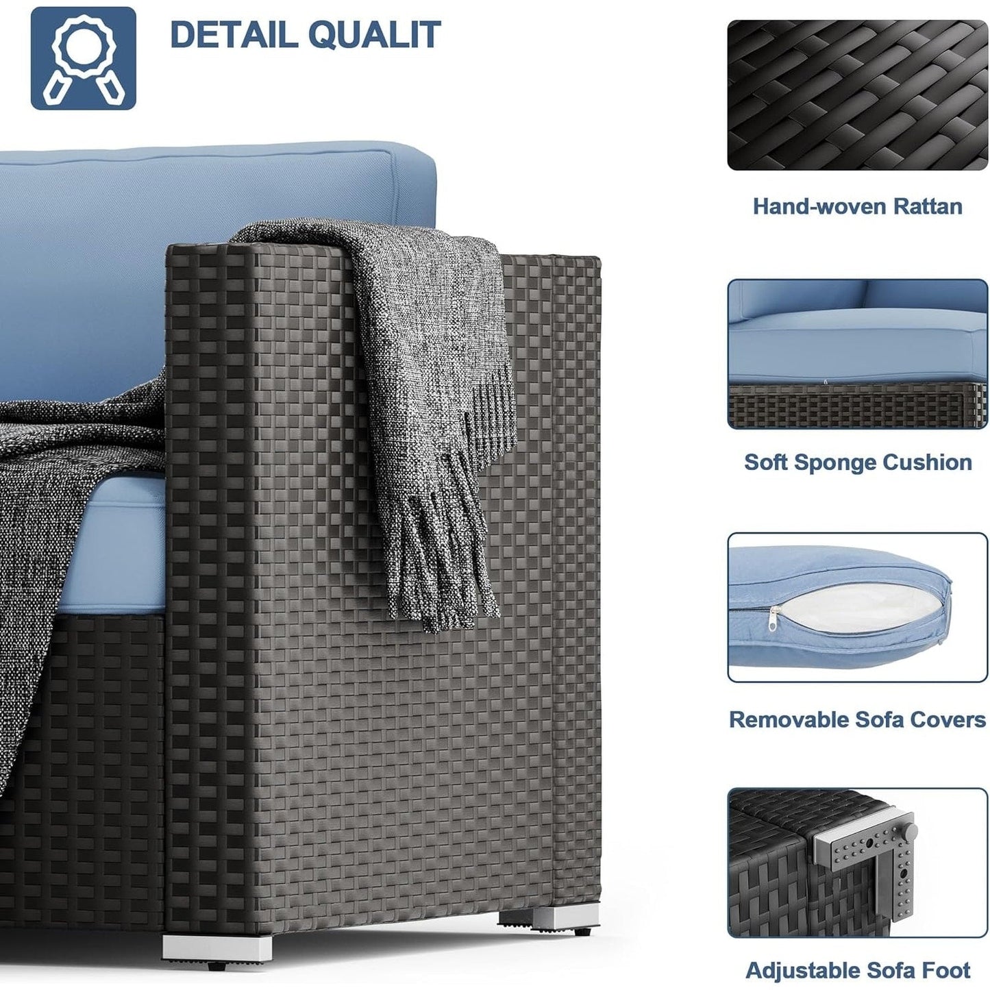 Set da conversazione con divano componibile imbottito in vimini e rattan nero da 7 pezzi per esterni di Havenside Home