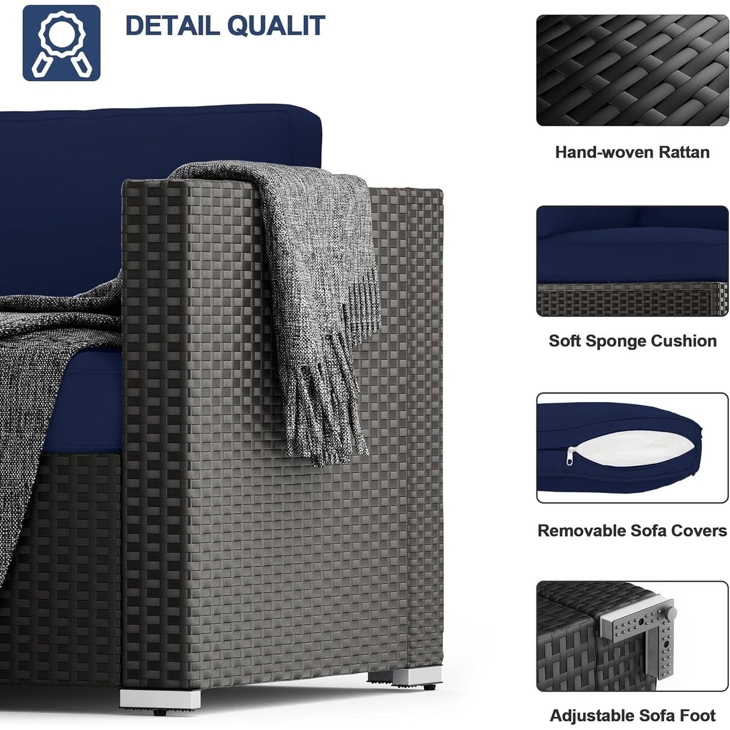 Set da conversazione con divano componibile imbottito in vimini e rattan nero da 7 pezzi per esterni di Havenside Home