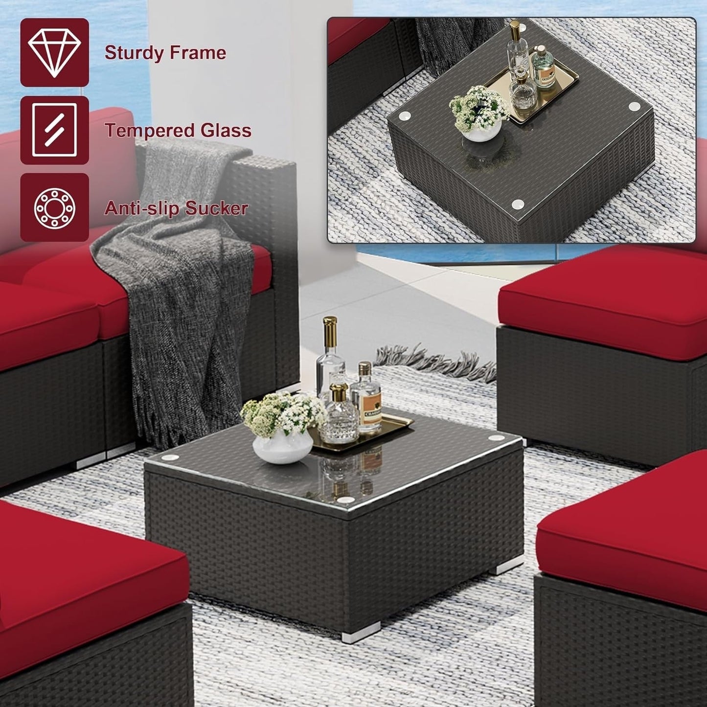 Set da conversazione con divano componibile imbottito in vimini e rattan nero da 7 pezzi per esterni di Havenside Home