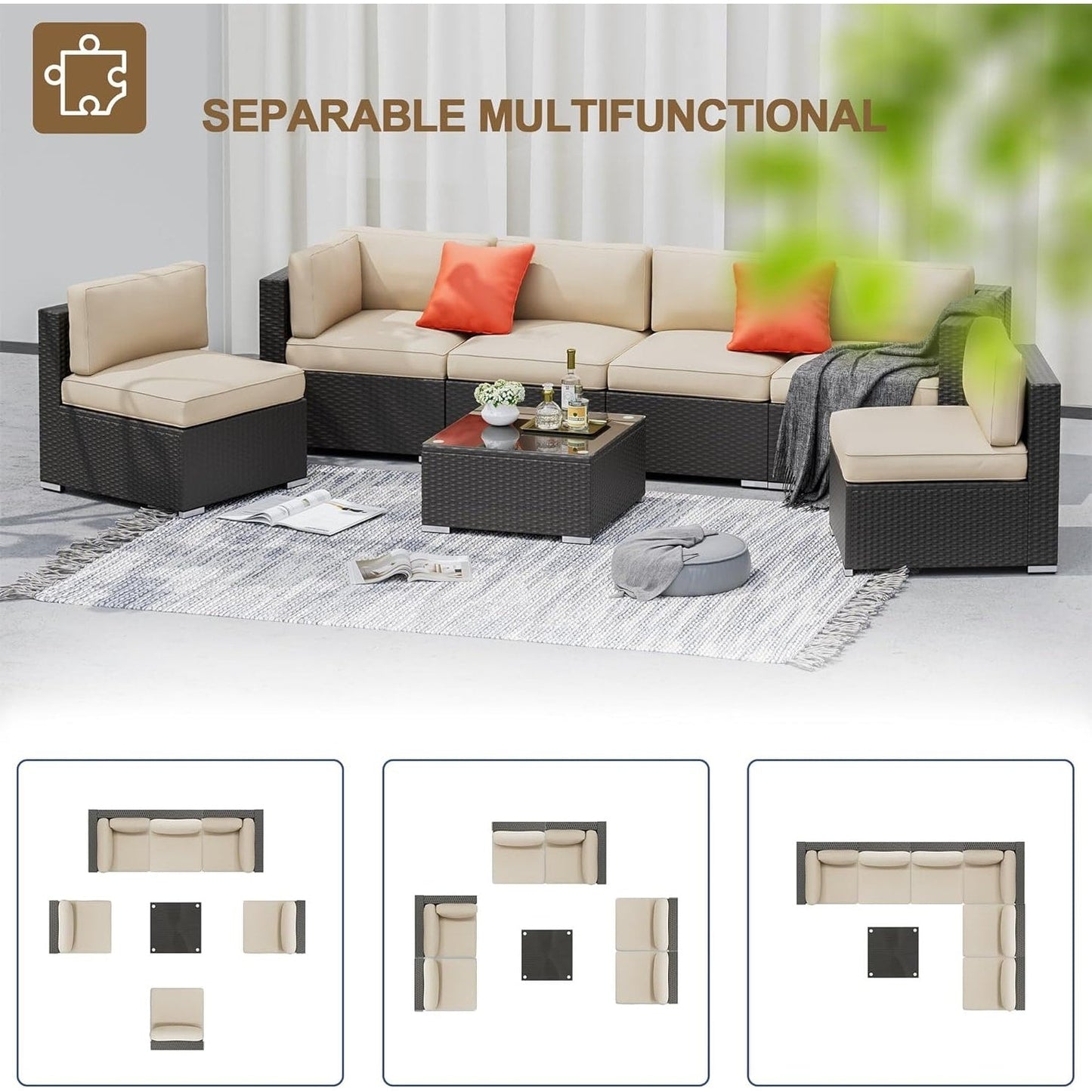 Set da conversazione con divano componibile imbottito in vimini e rattan nero da 7 pezzi per esterni di Havenside Home