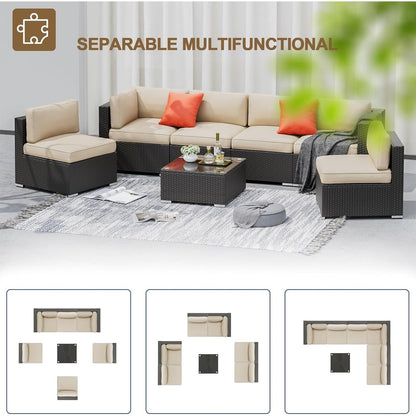 Set da conversazione con divano componibile imbottito in vimini e rattan nero da 7 pezzi per esterni di Havenside Home