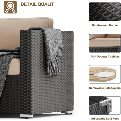 Set da conversazione con divano componibile imbottito in vimini e rattan nero da 7 pezzi per esterni di Havenside Home