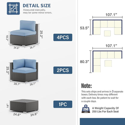 Set da conversazione con divano componibile imbottito in vimini e rattan nero da 7 pezzi per esterni di Havenside Home