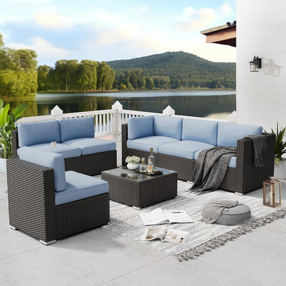 Set da conversazione con divano componibile imbottito in vimini e rattan nero da 7 pezzi per esterni di Havenside Home