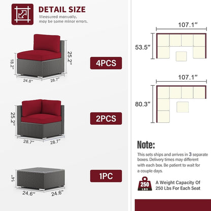 Set da conversazione con divano componibile imbottito in vimini e rattan nero da 7 pezzi per esterni di Havenside Home