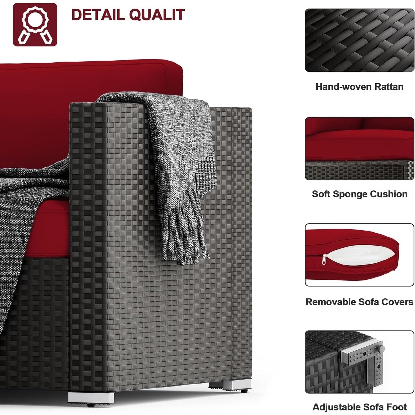 Set da conversazione con divano componibile imbottito in vimini e rattan nero da 7 pezzi per esterni di Havenside Home