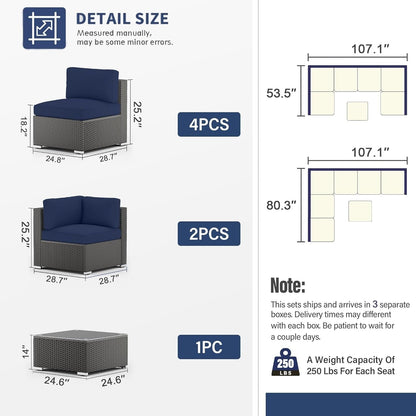 Set da conversazione con divano componibile imbottito in vimini e rattan nero da 7 pezzi per esterni di Havenside Home