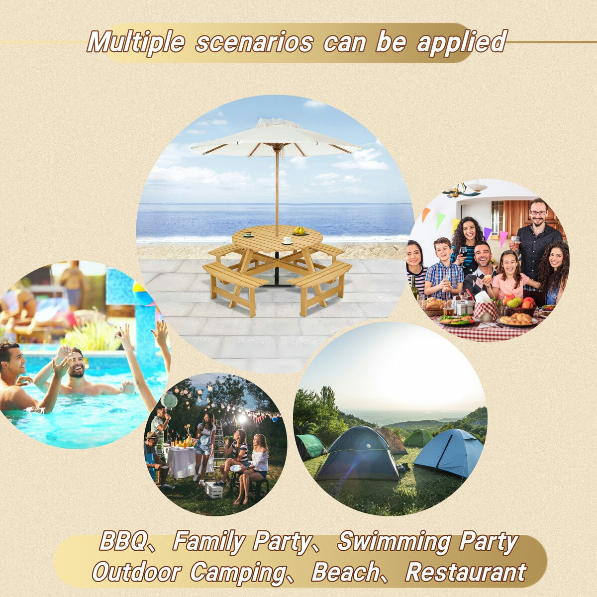 Tavolo da picnic per 8 persone all'aperto, tavolo da picnic rotondo per 8 persone con 4 panche integrate, foro per ombrellone, set tavolo e panca da esterno
