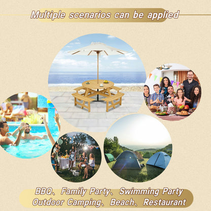 Tavolo da picnic per 8 persone all'aperto, tavolo da picnic rotondo per 8 persone con 4 panche integrate, foro per ombrellone, set tavolo e panca da esterno