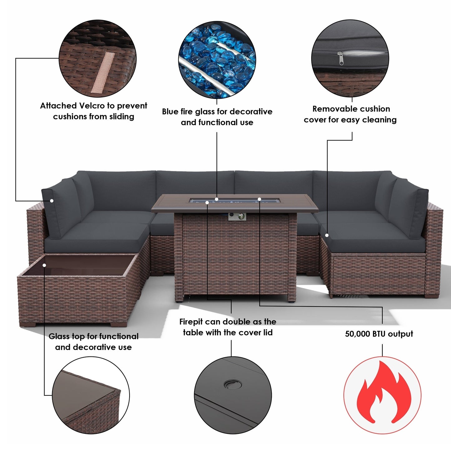 Set di divani componibili in vimini da esterno da 8 pezzi con braciere