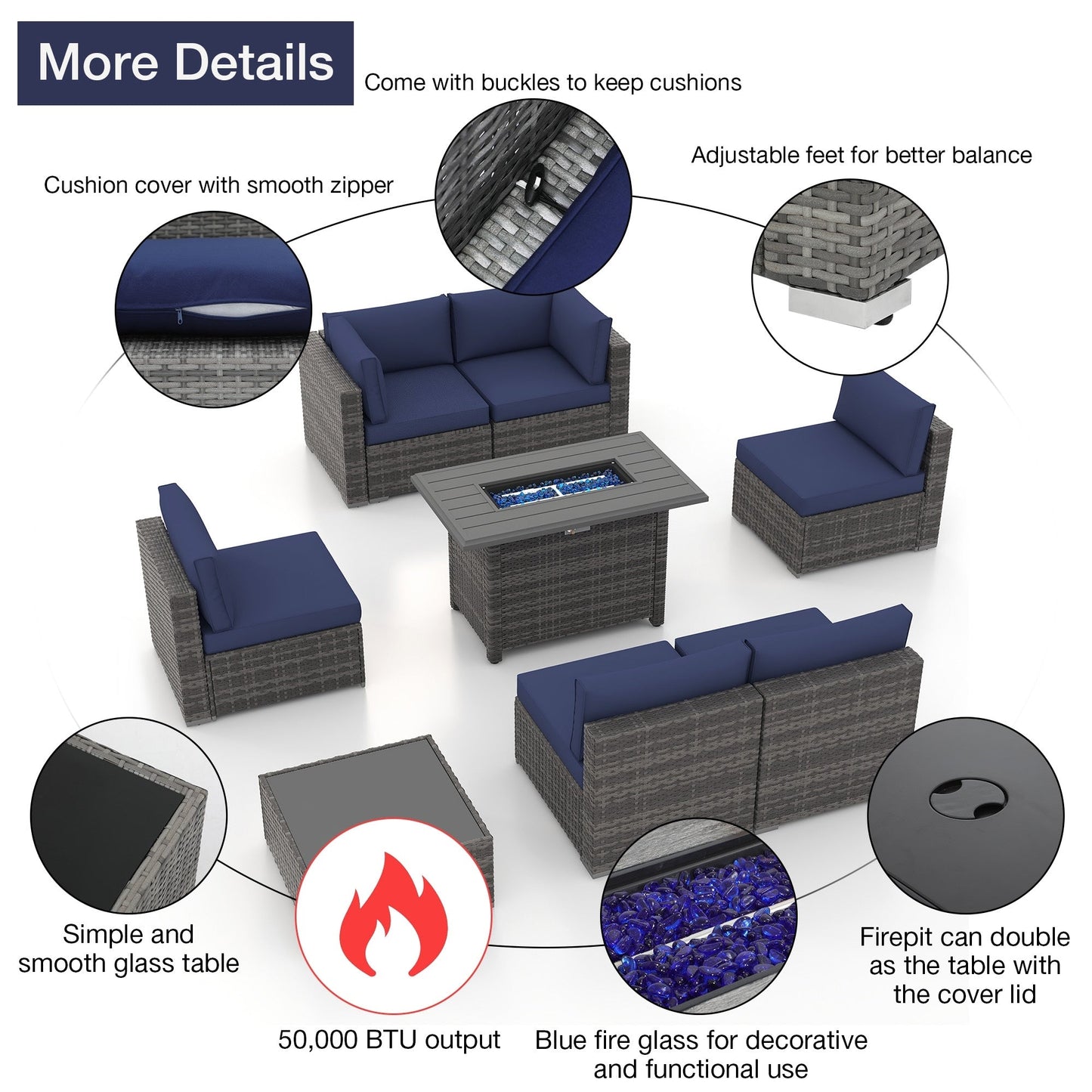 Set di divani componibili in vimini da esterno da 8 pezzi con braciere