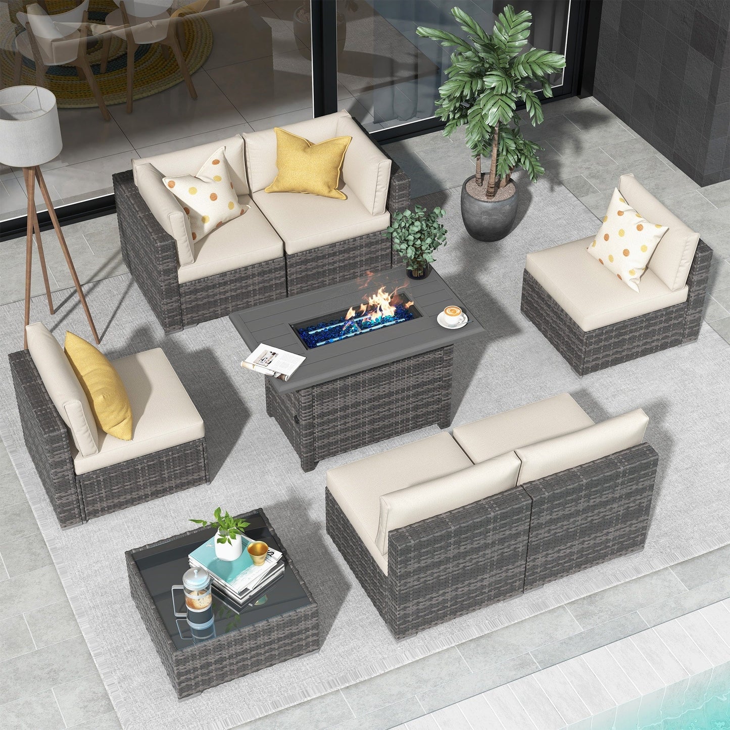 Set di divani componibili in vimini da esterno da 8 pezzi con braciere