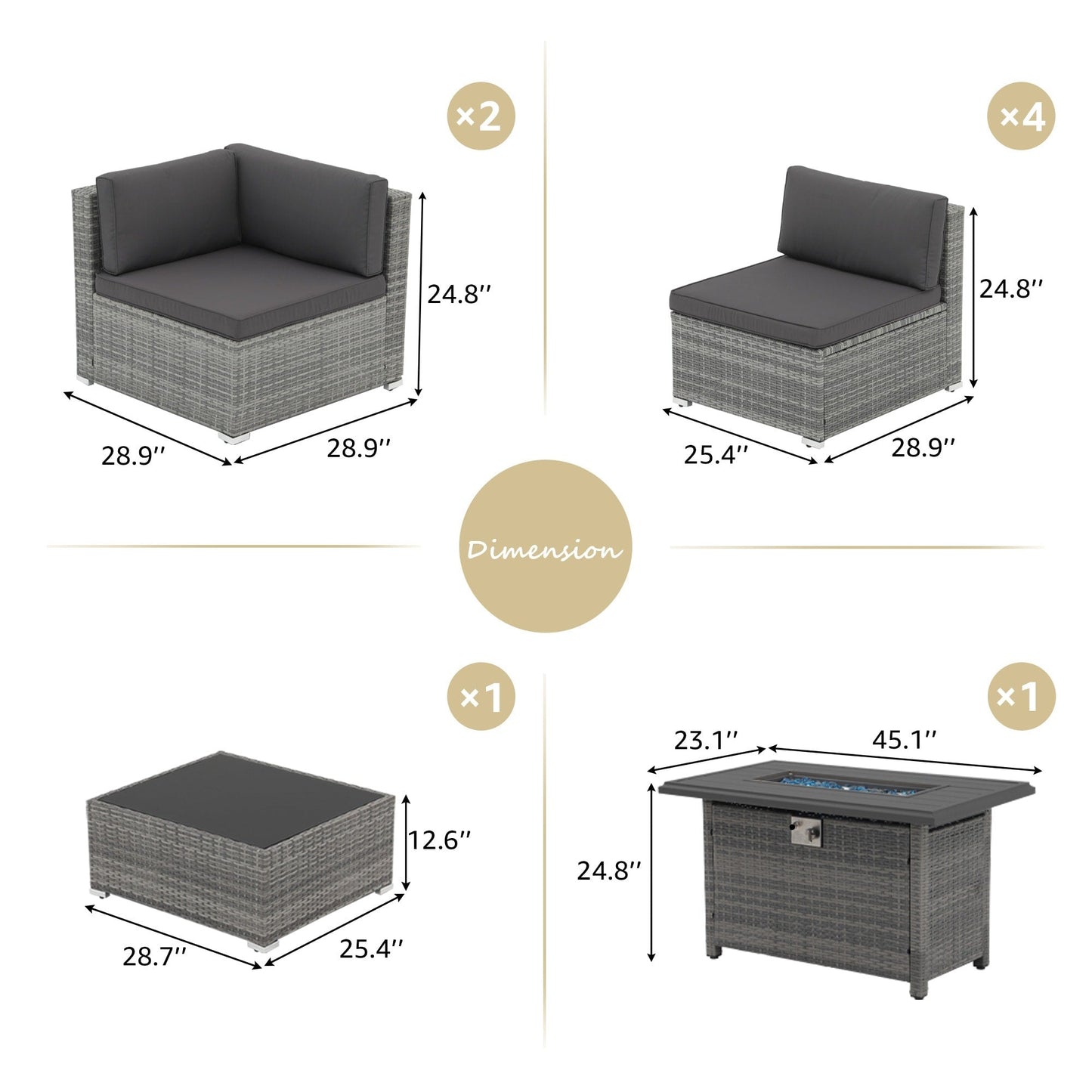 Set di divani componibili in vimini da esterno da 8 pezzi con braciere