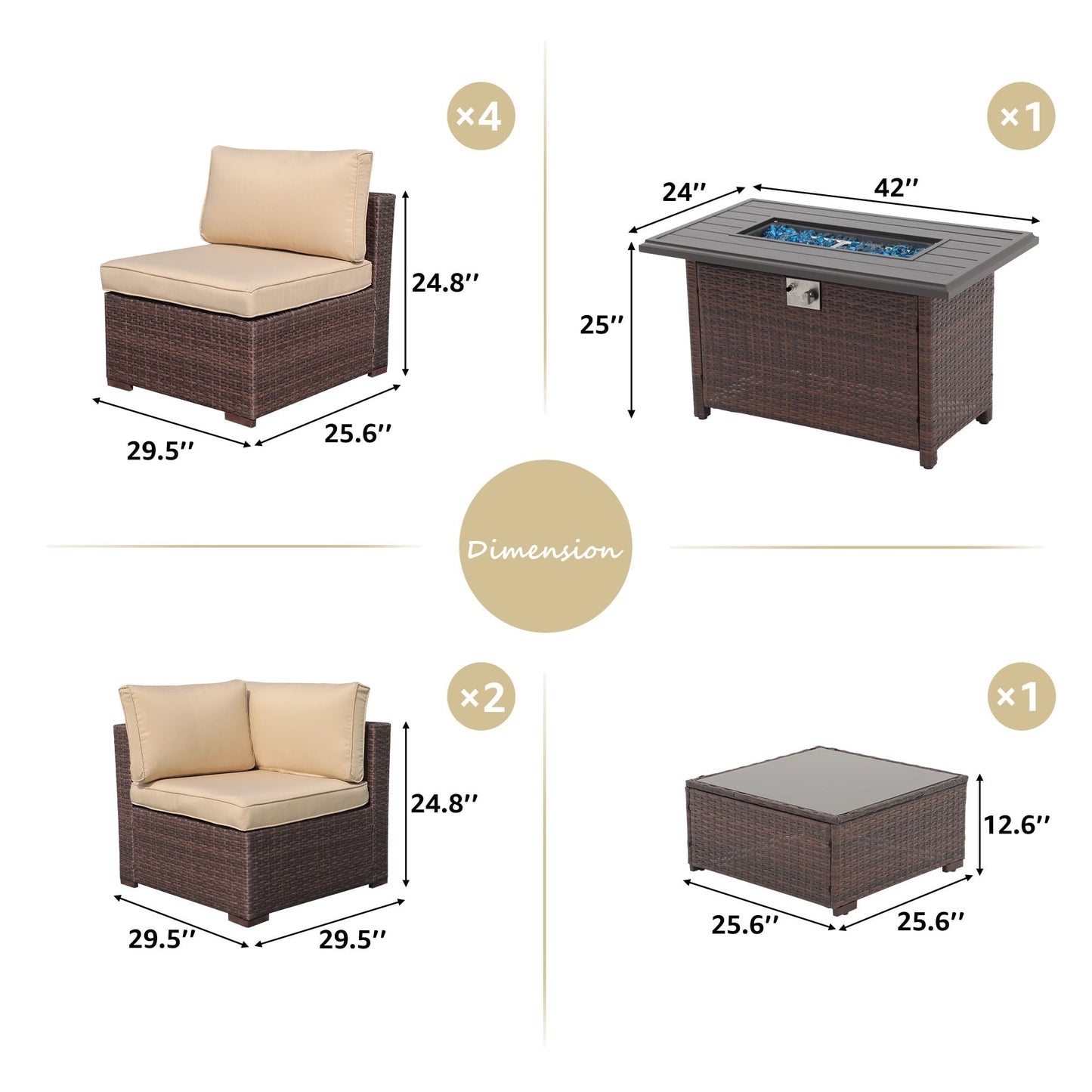 Set di divani componibili in vimini da esterno da 8 pezzi con braciere