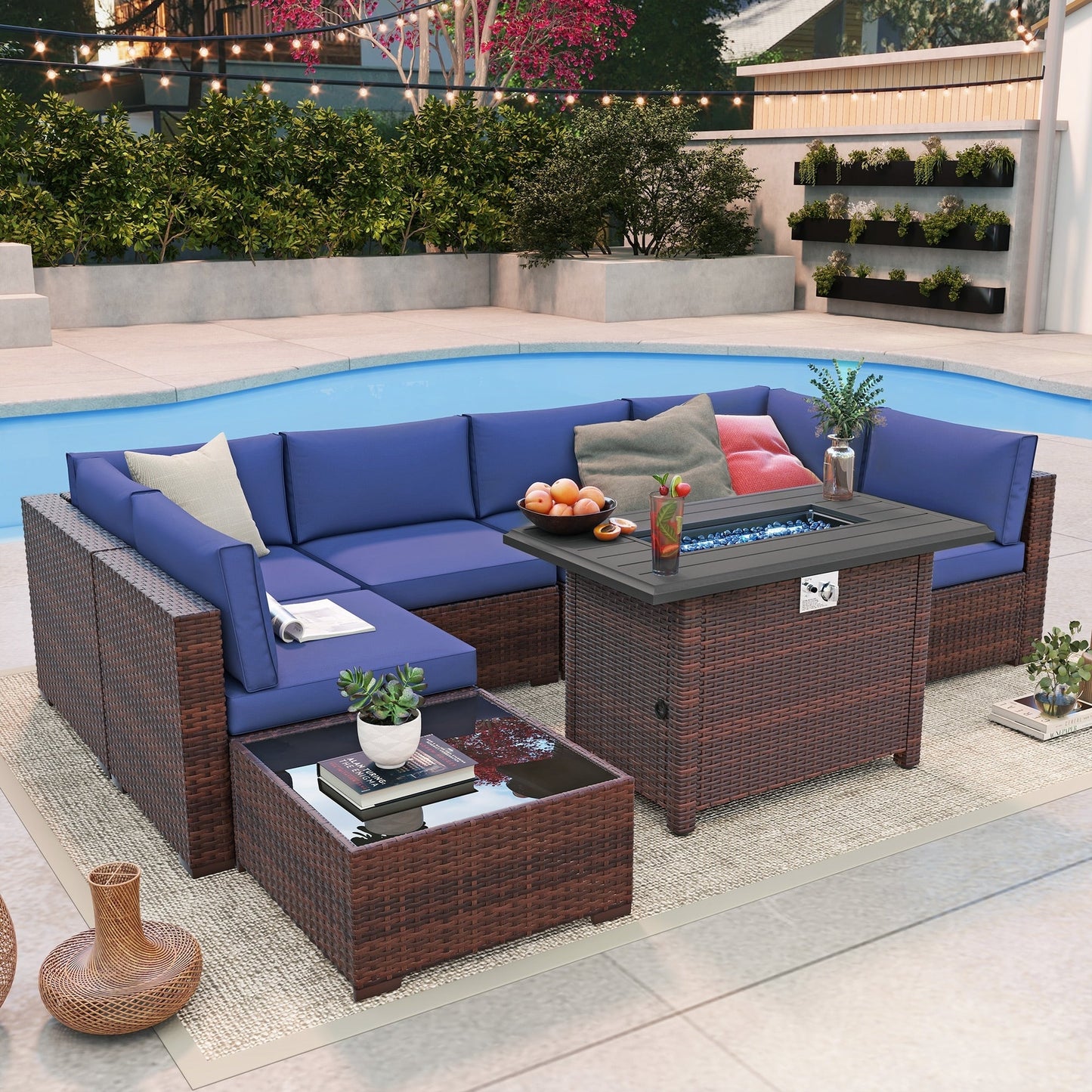 Set di divani componibili in vimini da esterno da 8 pezzi con braciere