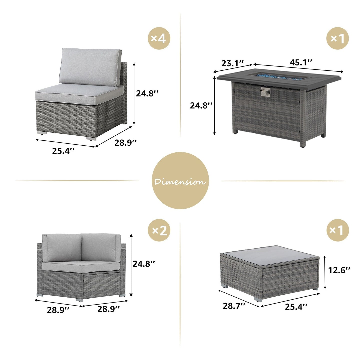 Set di divani componibili in vimini da esterno da 8 pezzi con braciere