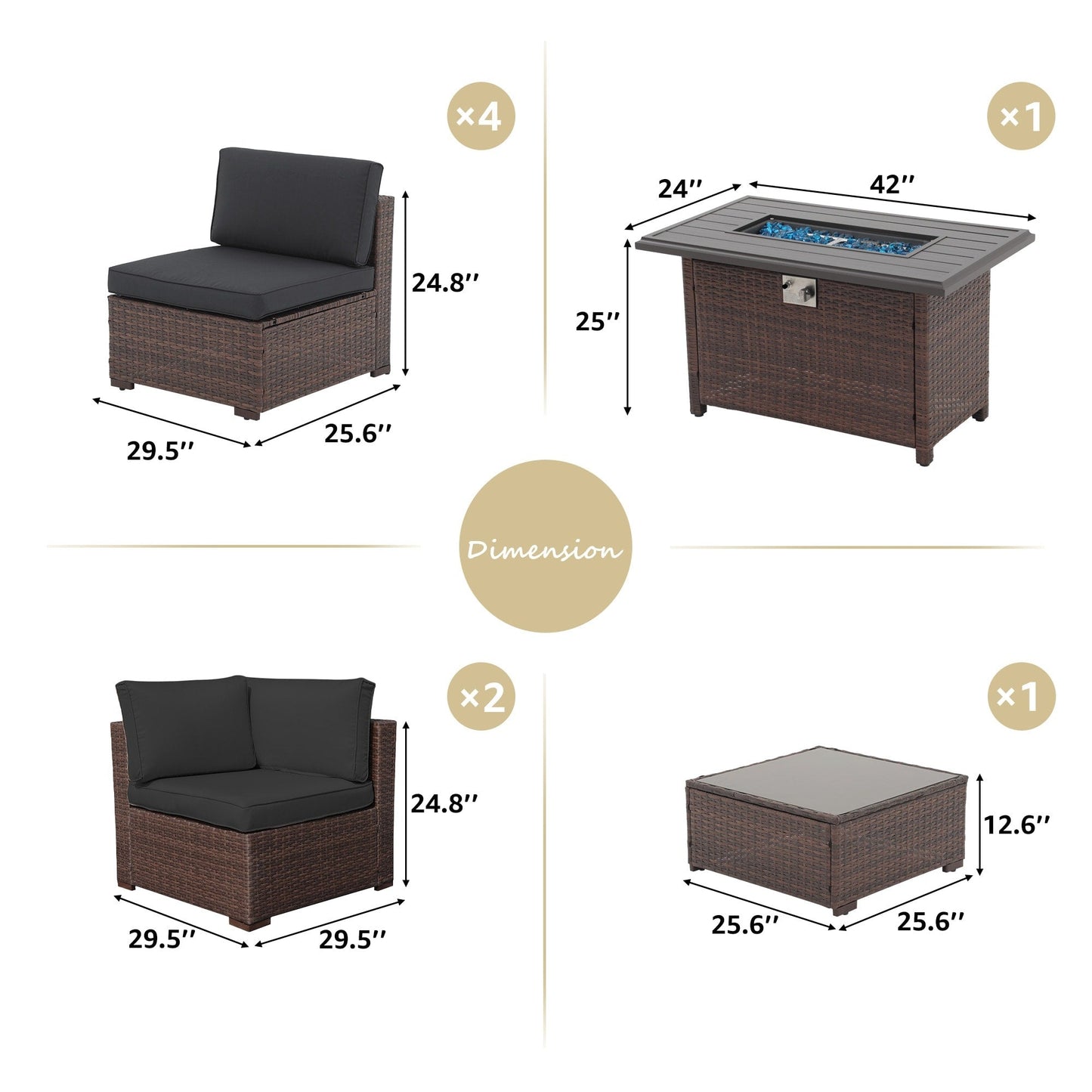 Set di divani componibili in vimini da esterno da 8 pezzi con braciere