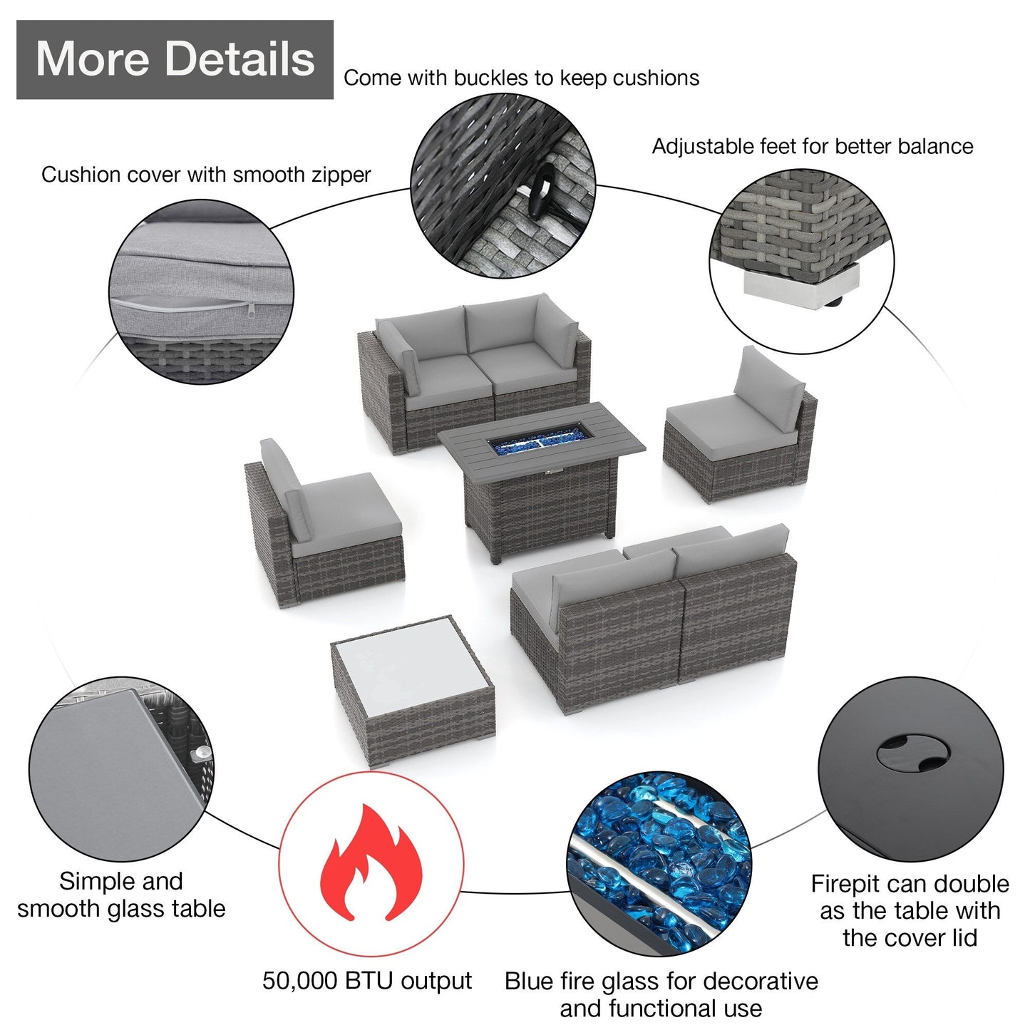 Set di divani componibili in vimini da esterno da 8 pezzi con braciere