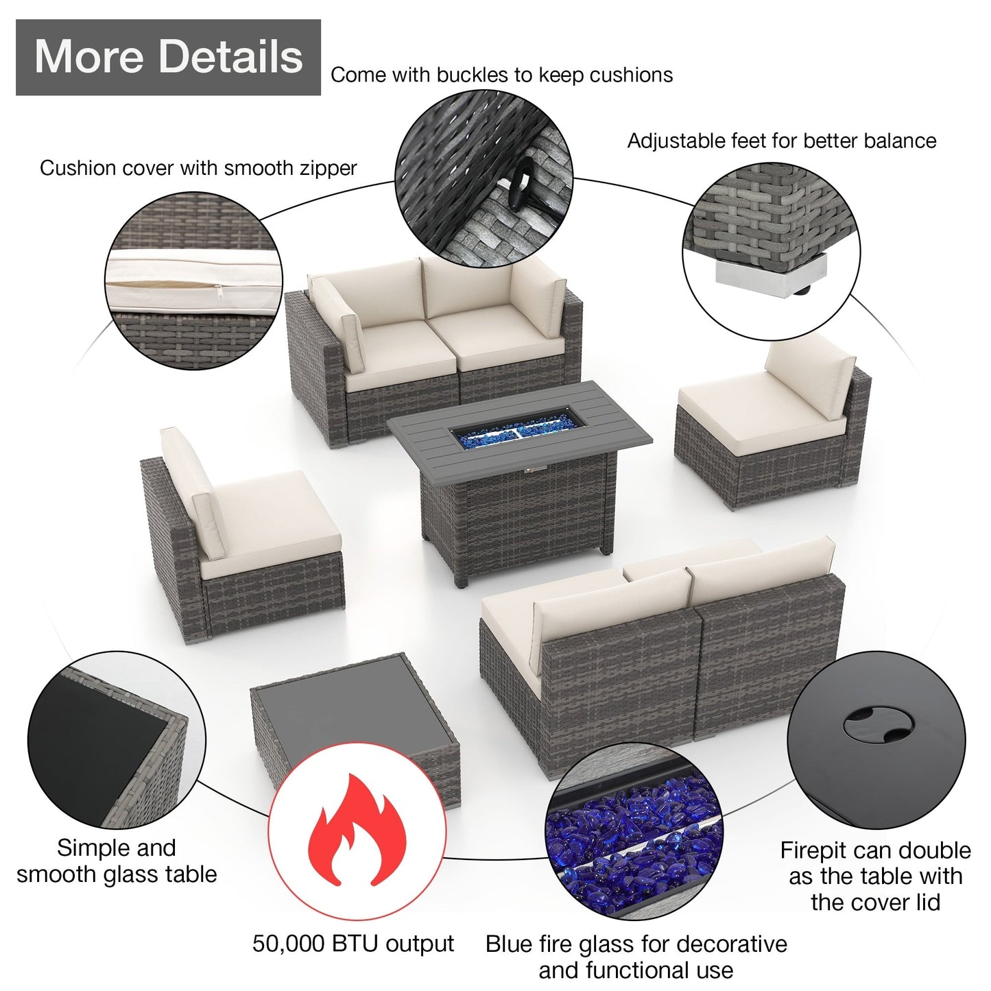 Set di divani componibili in vimini da esterno da 8 pezzi con braciere