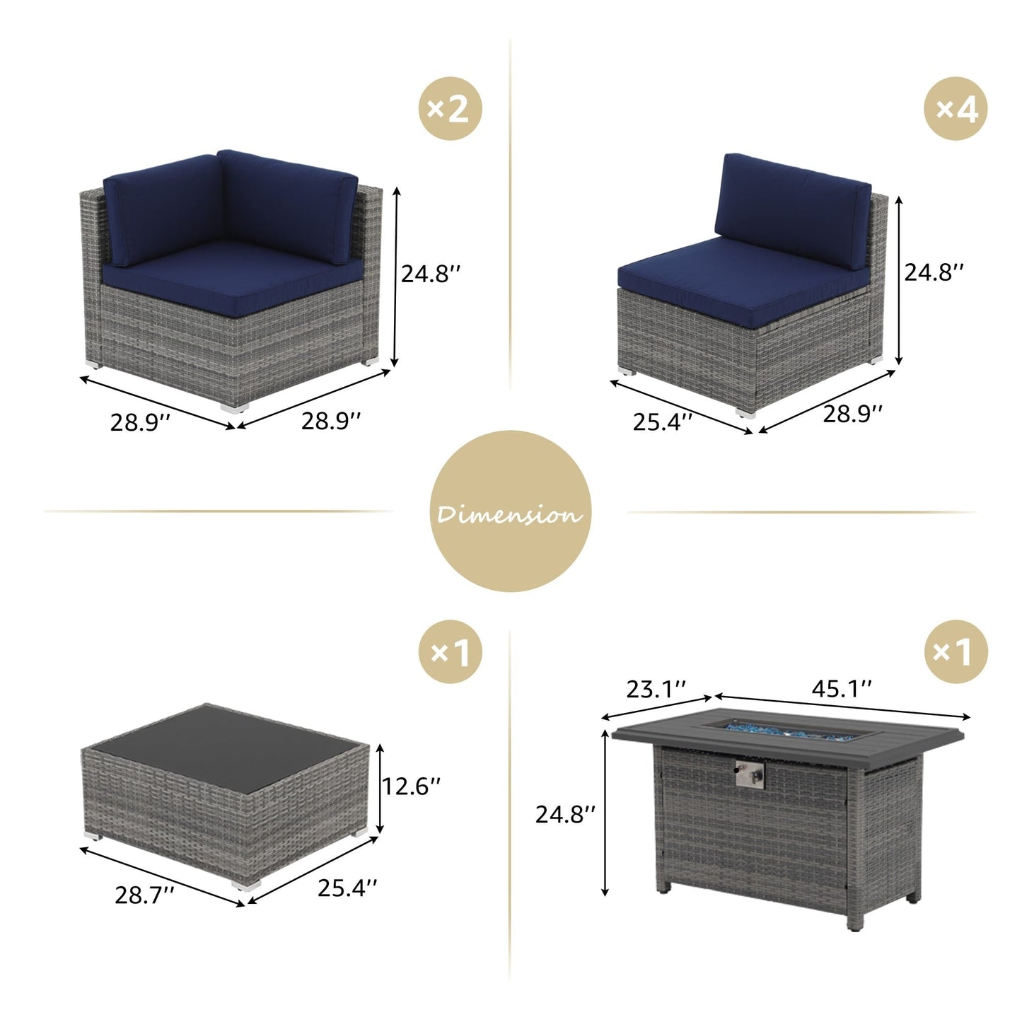 Set di divani componibili in vimini da esterno da 8 pezzi con braciere