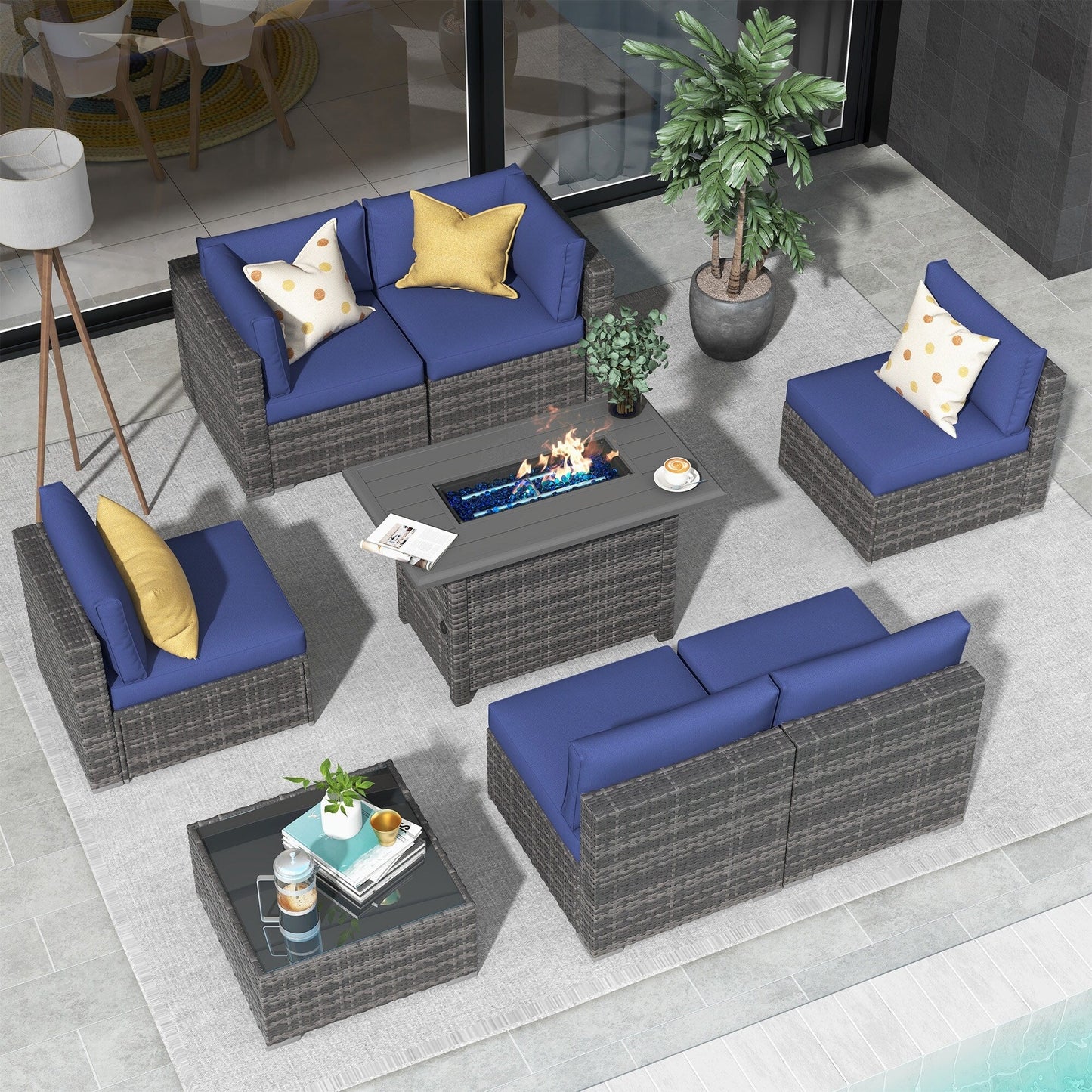 Set di divani componibili in vimini da esterno da 8 pezzi con braciere